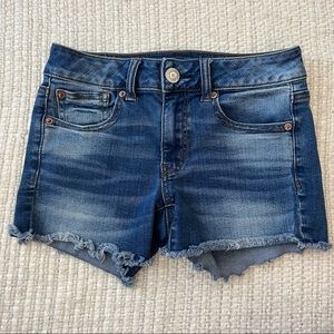 American Eagle Whisker Wash Frayed Raw Hem Denim Jean Midi Shorts